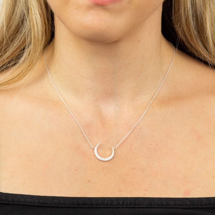 Silver Crescent Moon Necklace with Cubic Zirconia