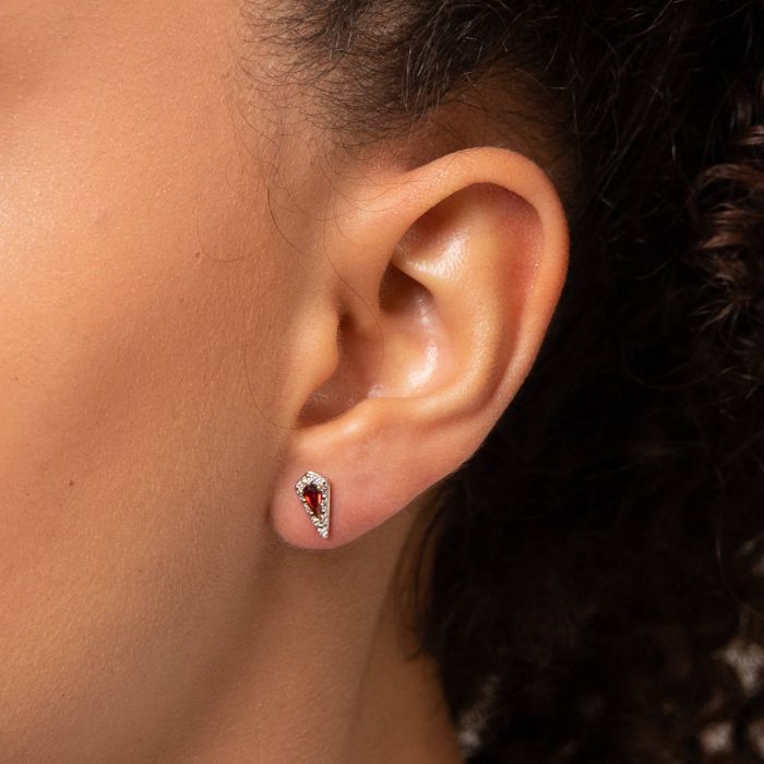 Trapeze Cut Garnet Stud Earrings with Diamond in 9ct Gold