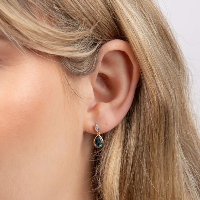 Teardrop Blue Topaz Earrings with Diamond in 9ct Gold