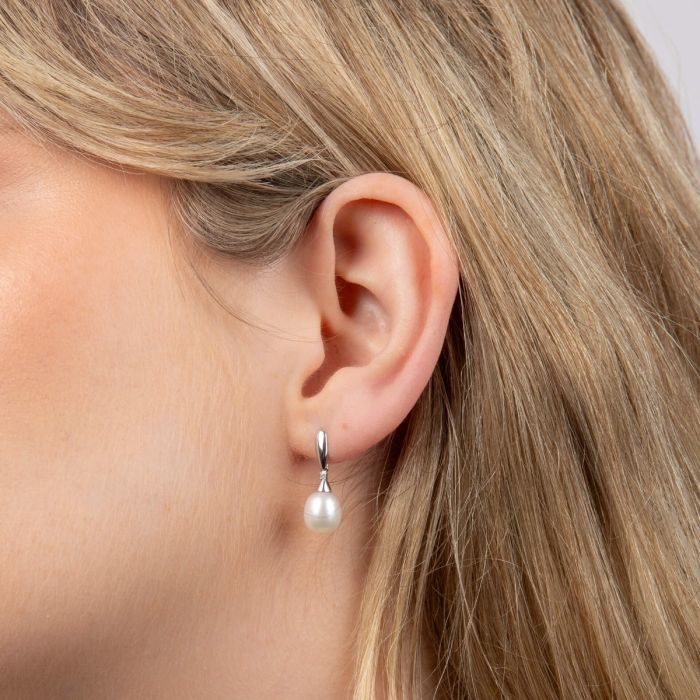 Freshwater Pearl and Diamond Drop Earrings in 9ct Gold