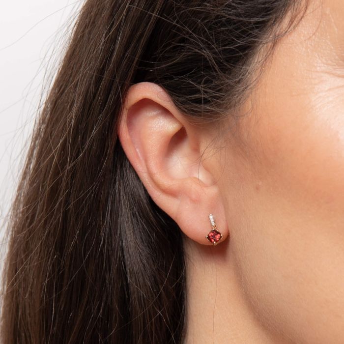 Square Garnet Drop Earrings with Diamond in 9ct Gold