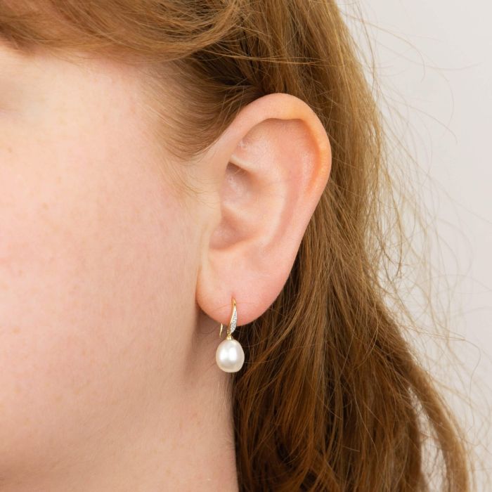 Keshi Pearl Earrings with Diamond Set Hook in 9ct Gold
