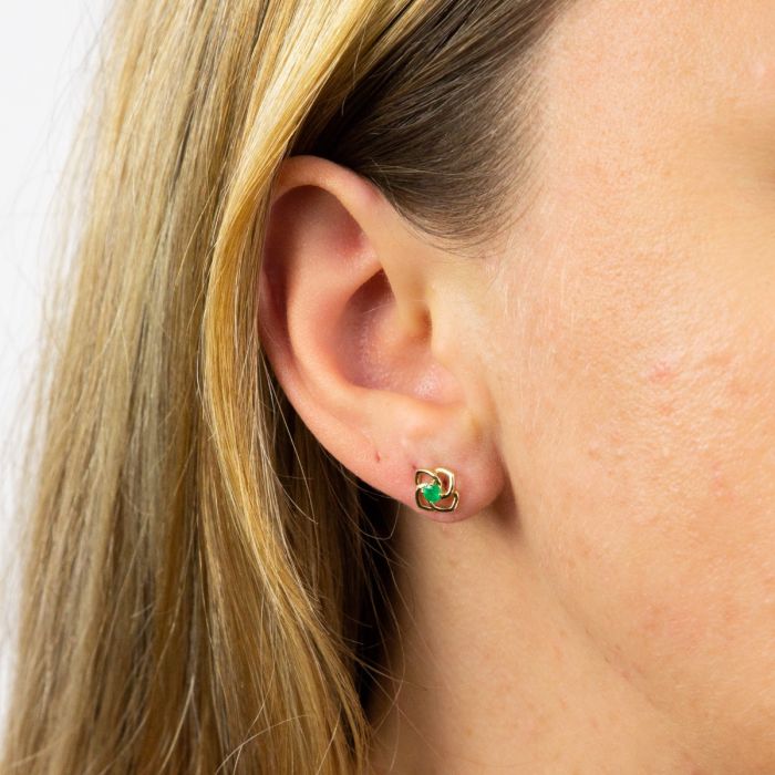 Cut Out Flower Stud Earrings with Emerald in 9ct Gold