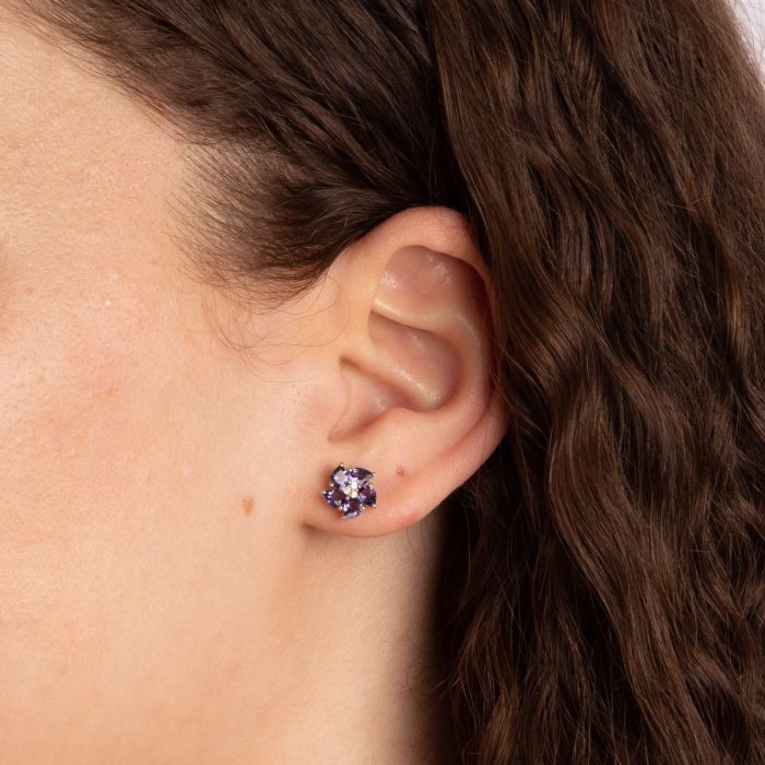 Peony Flower Earrings with Iolite and Diamond in 9ct Gold