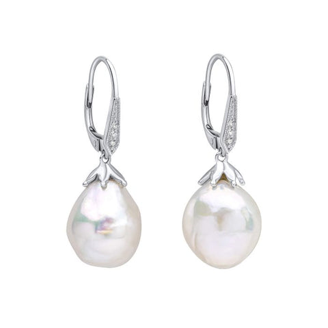 Oversized Baroque Pearl and White Topaz Detail Drop Earrings in 9ct Gold
