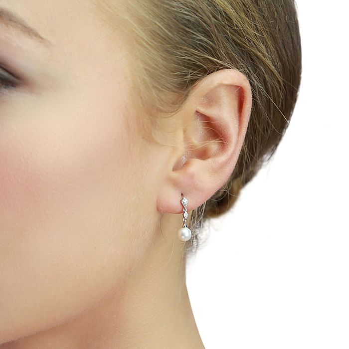 Freshwater Pearl and Diamond Drop Earrings in 9ct Gold