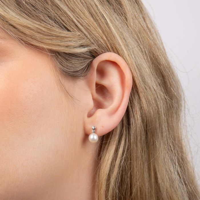 Freshwater Pearl Earrings with Diamonds in 9ct Gold