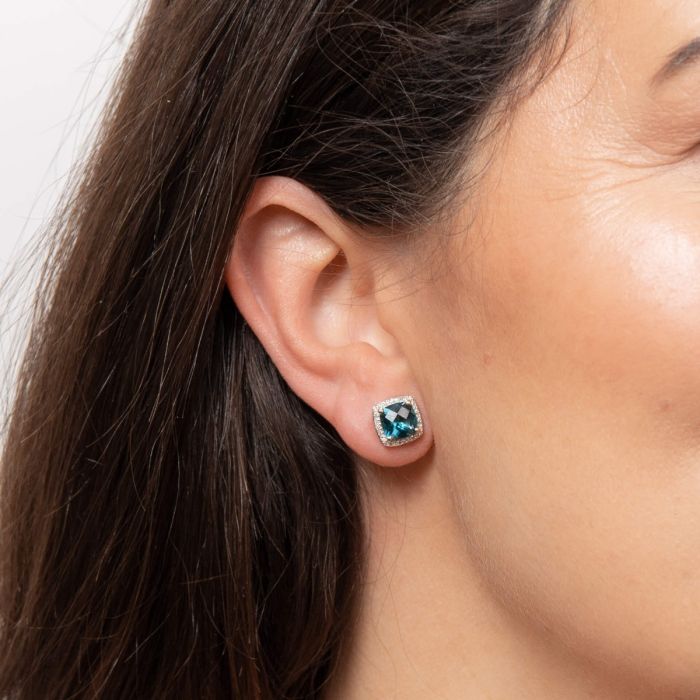 Checkerboard London Blue Topaz Earrings with Diamond in 9ct Gold