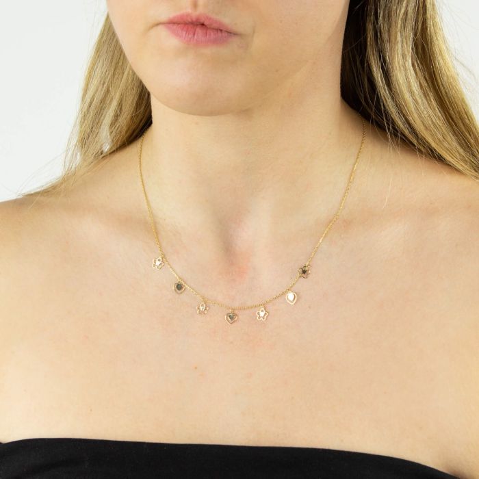 Heart and Flower Charm Necklace in 9ct Gold