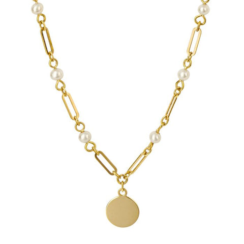 Pearl Station Necklace with Disc in 9ct Gold