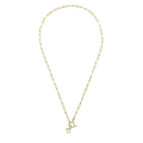 T-Bar Chain Necklace with Freshwater Pearl Charm in 9ct Gold