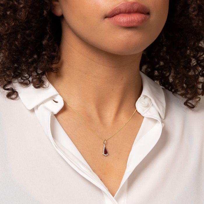 Trapeze Cut Garnet Pendant with Diamond in 9ct Gold