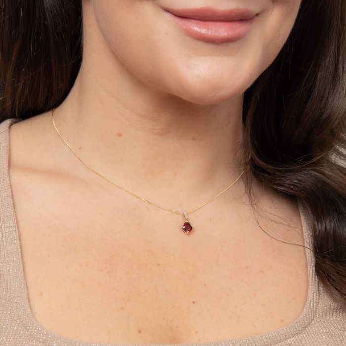 Square Garnet Drop Pendant with Diamond Set Bale in 9ct Gold