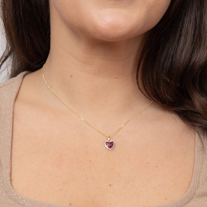 Heart Pendant with Precious Stones and Diamond Surround in 9ct Gold