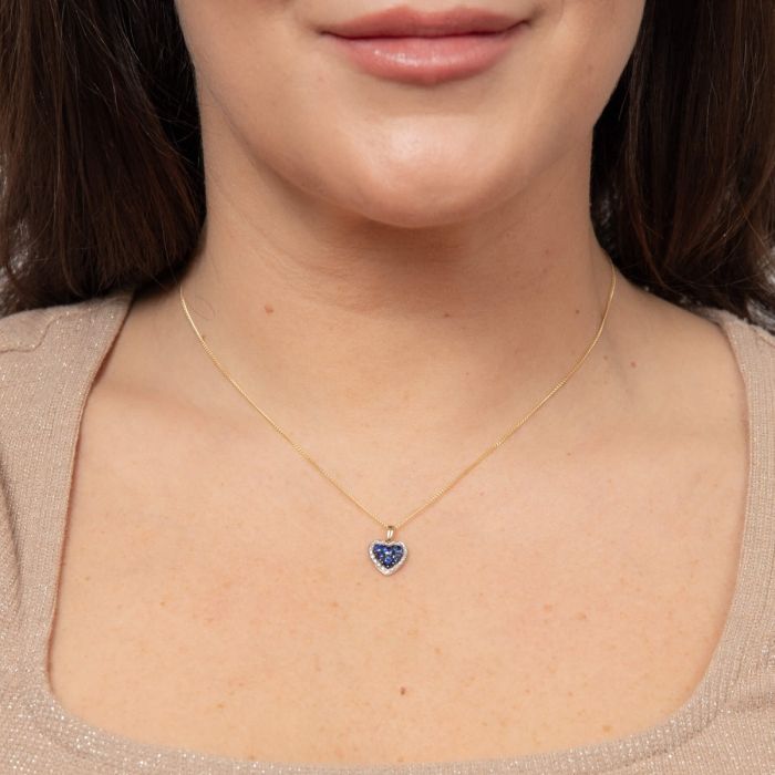 Heart Pendant with Precious Stones and Diamond Surround in 9ct Gold