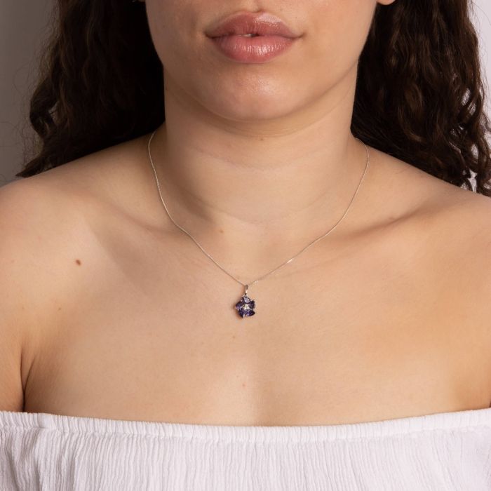 Peony Flower Pendant with Iolite and Diamond in 9ct Gold