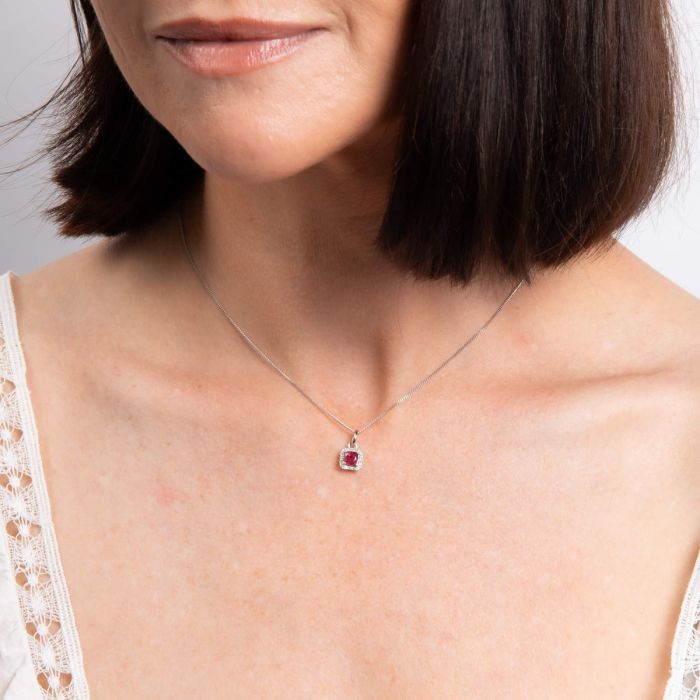 Cushion Cut Ruby with Diamond Halo Pendant in 9ct Gold