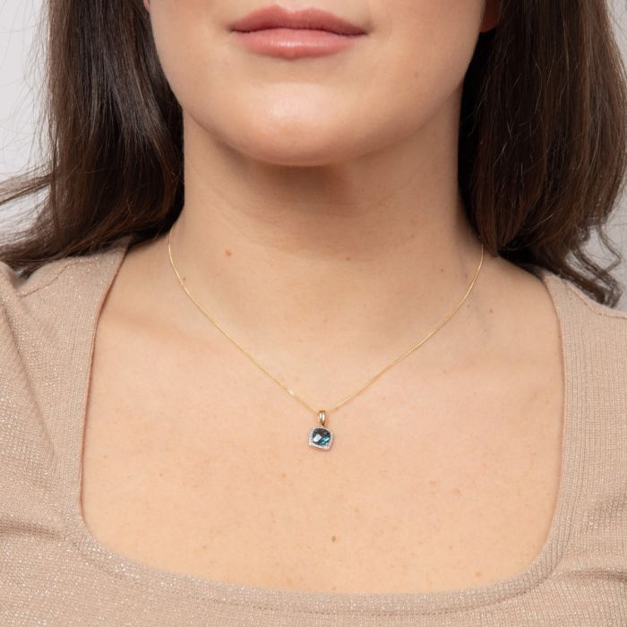 Checkerboard London Blue Topaz Pendant with Diamond in 9ct Gold