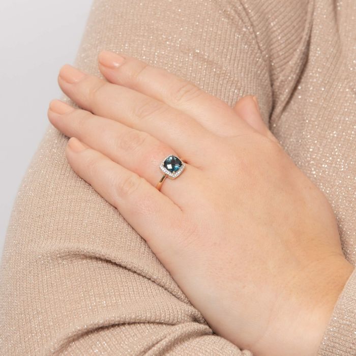 Checkerboard London Blue Topaz Ring with Diamond Surround in 9ct Gold