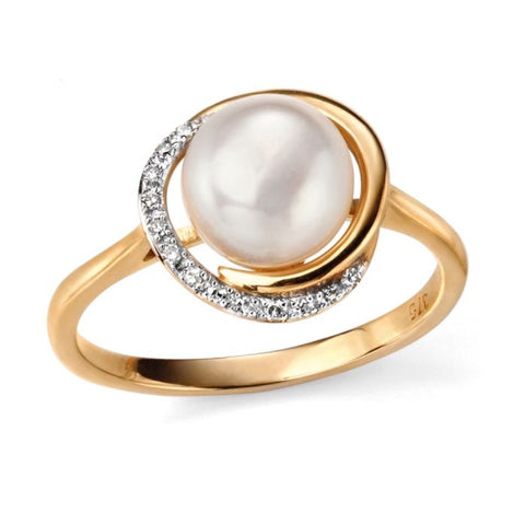 Button Pearl Ring with Diamond Wave in 9ct Gold