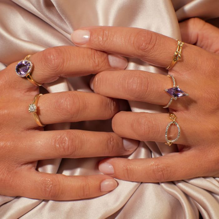 Irregular Shaped Purple Amethyst Stone Ring with Diamond Surround