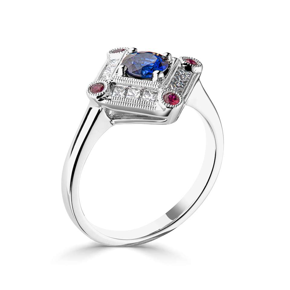 Diamond Sapphire and Ruby Cluster Ring