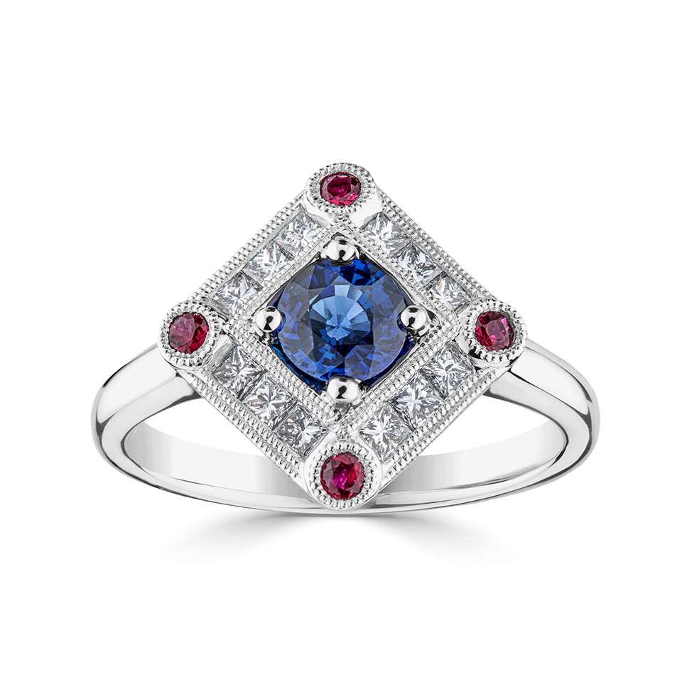 Diamond Sapphire and Ruby Cluster Ring – Crafted Jewellery
